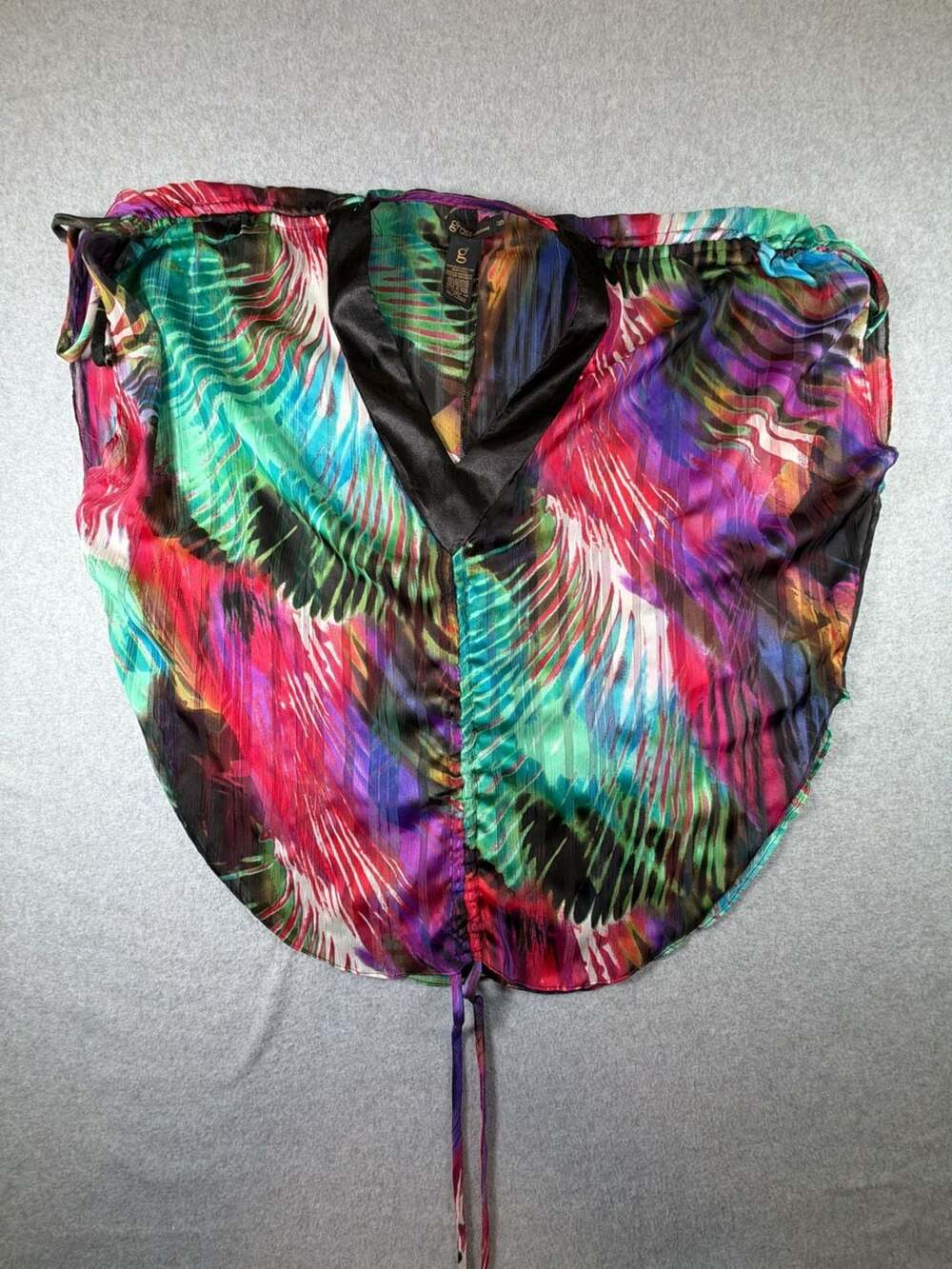 Grass Collection Multicolor Abstract Print Sheer Drawstring V-Neck Top
